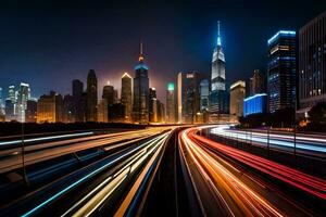 un' città orizzonte a notte con leggero sentieri. ai-generato foto