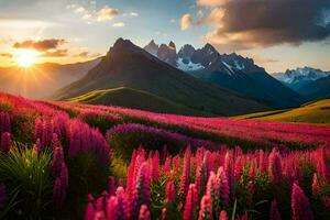 il sole sorge al di sopra di il montagne e il fiori fioritura nel il primo piano. ai-generato foto