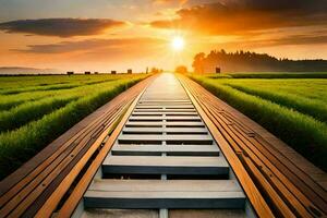 un' di legno passerella conduce per il sole nel un' campo. ai-generato foto