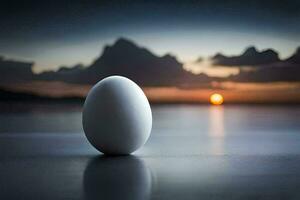 un uovo seduta su il spiaggia a tramonto. ai-generato foto