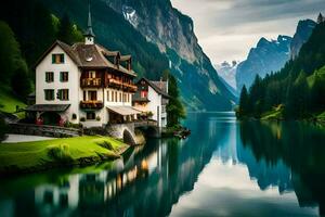 un' Casa si siede su il bordo di un' lago circondato di montagne. ai-generato foto