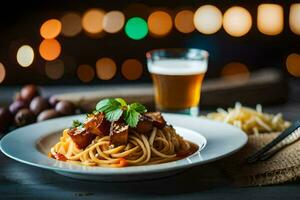 spaghetti con carne e pomodoro salsa su un' piatto. ai-generato foto