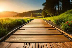 un' di legno sentiero conduce per il sole nel il mattina. ai-generato foto