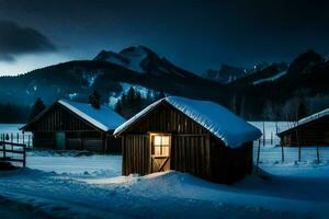 un' cabina nel il neve a notte. ai-generato foto