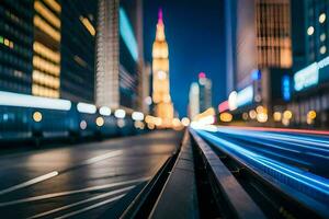 un' città strada a notte con leggero sentieri. ai-generato foto