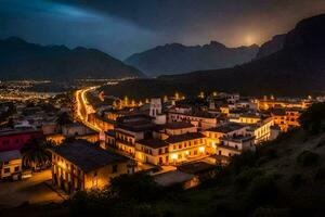 foto sfondo il cielo, notte, il montagne, il città, il cittadina, il montagne,. ai-generato