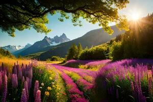 il sole brilla al di sopra di un' campo di viola fiori e montagne. ai-generato foto