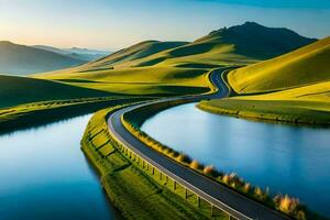 un' avvolgimento strada nel il mezzo di un' verde valle. ai-generato foto