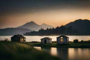 Due piccolo case sedersi su il riva di un' lago. ai-generato foto