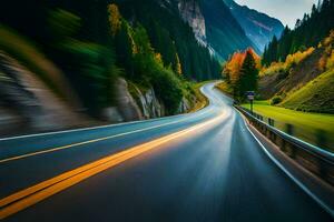 un' auto guida su un' strada nel il montagne. ai-generato foto