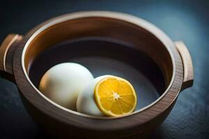 Due uova nel un' ciotola con un' Limone fetta. ai-generato foto