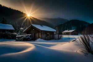 un' nevoso cabina nel il montagne con il sole splendente. ai-generato foto