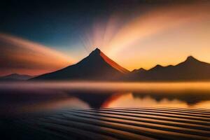 un' montagna con un' tramonto al di sopra di esso. ai-generato foto