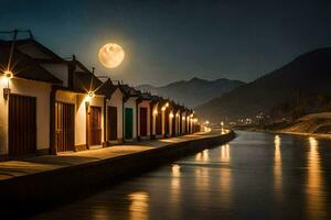 un' pieno Luna sorge al di sopra di un' fiume a notte. ai-generato foto