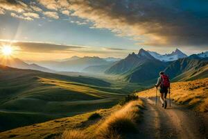 un' uomo passeggiate su un' pista nel il montagne. ai-generato foto