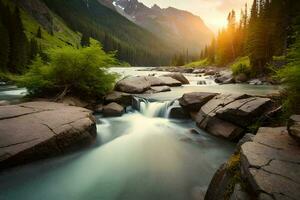 un' fiume fluente attraverso un' montagna valle a tramonto. ai-generato foto