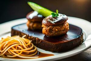 un' piatto con Polpette e spaghetti su esso. ai-generato foto