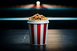un' tazza di Popcorn seduta su un' tavolo. ai-generato foto