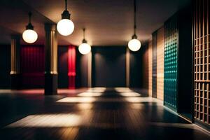 un' lungo corridoio con luci e di legno piani. ai-generato foto