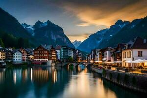 il cittadina di Hallstatt, Svizzera a tramonto. ai-generato foto