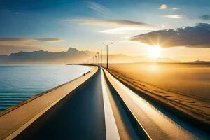 un' lungo strada con il sole ambientazione al di sopra di il acqua. ai-generato foto