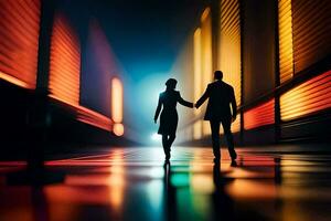 un' coppia a piedi attraverso un' buio corridoio con neon luci. ai-generato foto