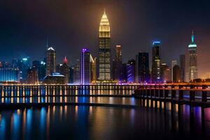 il città orizzonte a notte nel dubai. ai-generato foto