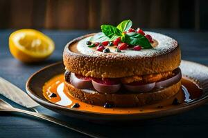 un' torta con un' fetta di Limone su superiore. ai-generato foto