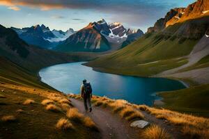 un' uomo passeggiate lungo un' sentiero nel il montagne. ai-generato foto