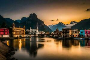 foto sfondo il cielo, montagne, acqua, il città, il fiume, il montagne, il. ai-generato