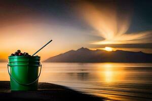 un' secchio di ciliegie su il spiaggia a tramonto. ai-generato foto