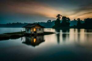 un' piccolo Casa si siede su il riva di un' lago a tramonto. ai-generato foto