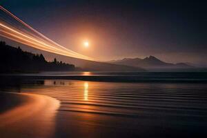 un' lungo esposizione fotografia di un' montagna e un' spiaggia a tramonto. ai-generato foto