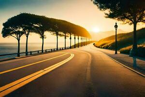 un' strada con alberi e il sole ambientazione dietro a esso. ai-generato foto