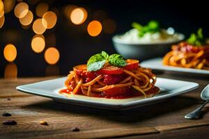 spaghetti con pomodoro salsa e basilico le foglie su un' piatto. ai-generato foto