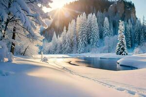 neve coperto alberi e un' fiume nel il inverno. ai-generato foto