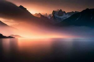 un' bellissimo tramonto al di sopra di montagne e acqua. ai-generato foto