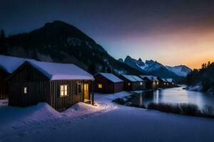 un' cabina nel il neve con un' lago e montagne nel il sfondo. ai-generato foto