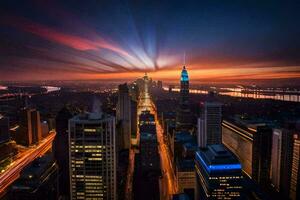 il città orizzonte a tramonto con un' luminosa leggero sentiero. ai-generato foto