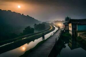 un' uomo passeggiate lungo un' di legno ponte al di sopra di un' fiume a crepuscolo. ai-generato foto