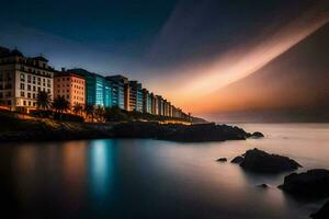 il città a notte con il oceano nel il sfondo. ai-generato foto