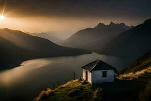 un' piccolo cabina si siede su il bordo di un' montagna prospiciente un' lago. ai-generato foto