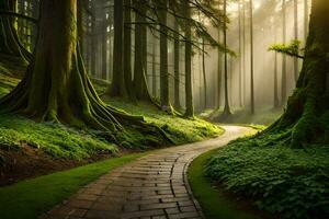 un' sentiero attraverso un' foresta con alberi e erba. ai-generato foto