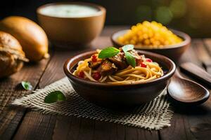 spaghetti con carne e verdure nel un' ciotola. ai-generato foto