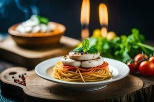 spaghetti con scaloppine e pomodori su un' di legno tavolo. ai-generato foto