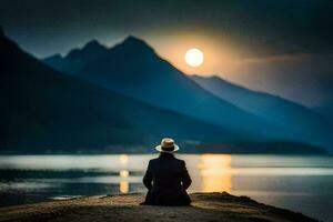 un' uomo seduta su il riva di un' lago con un' pieno Luna nel il sfondo. ai-generato foto