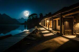 un' illuminato dalla luna notte a il lago. ai-generato foto