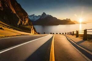 un' strada con montagne nel il sfondo e il sole ambientazione. ai-generato foto