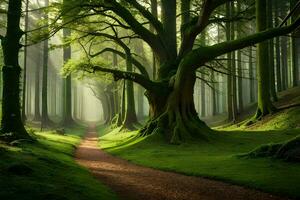 un' sentiero attraverso un' foresta con alberi e verde erba. ai-generato foto