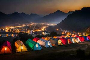 tende illuminato su a notte nel davanti di un' montagna gamma. ai-generato foto